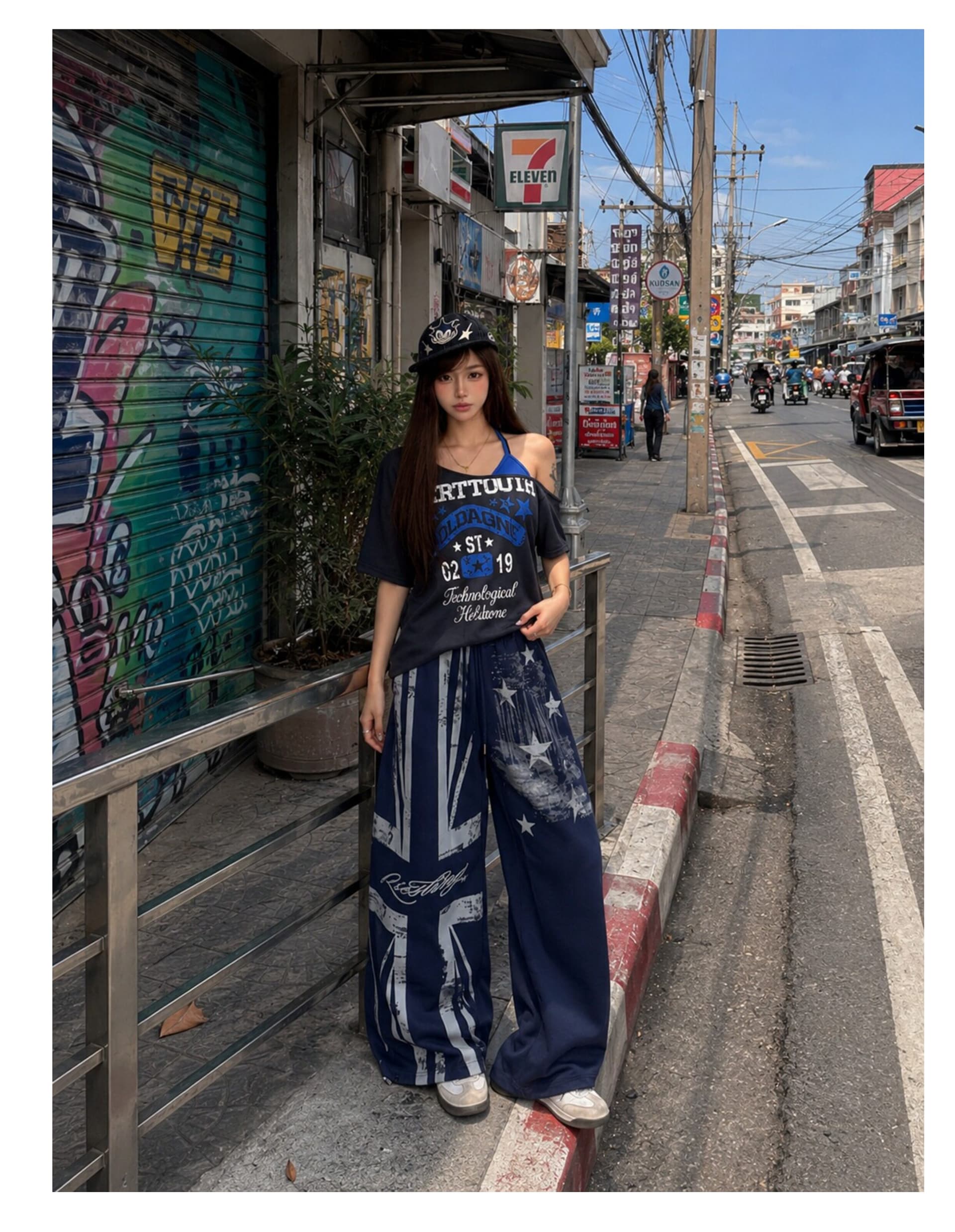 아메리칸 낙서 별 와이드 레그 팬츠 남녀 여름 거리 웃음 하 바람 조거 바지 캐주얼 긴 바지 상세 이미지 4