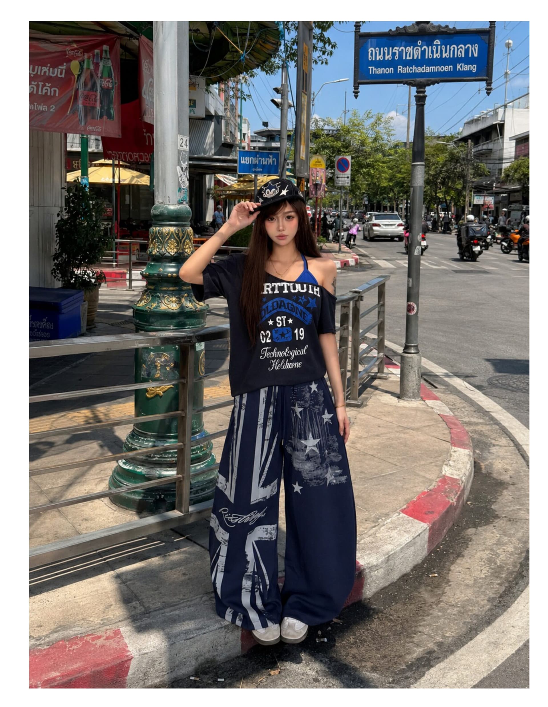 아메리칸 낙서 별 와이드 레그 팬츠 남녀 여름 거리 웃음 하 바람 조거 바지 캐주얼 긴 바지 상세 이미지 6