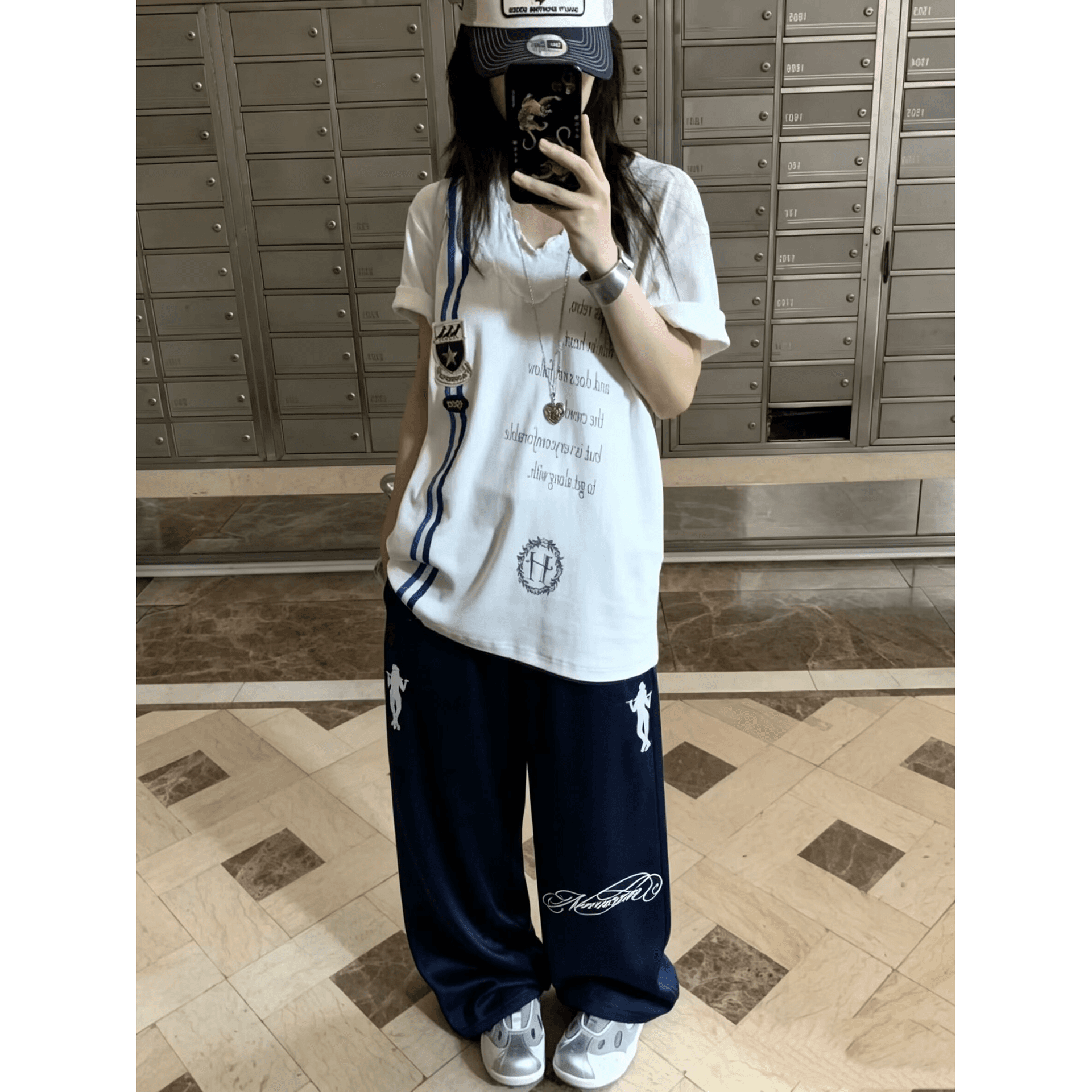 거리 바람 해군 도루 센스 넓은 다리 바닥 청소 바지 더블 측면 작은 남자 프린트 펌프 로프 하이웨이스트 미끄러짐 재료 루즈핏 운동 바지 여성 이미지 5