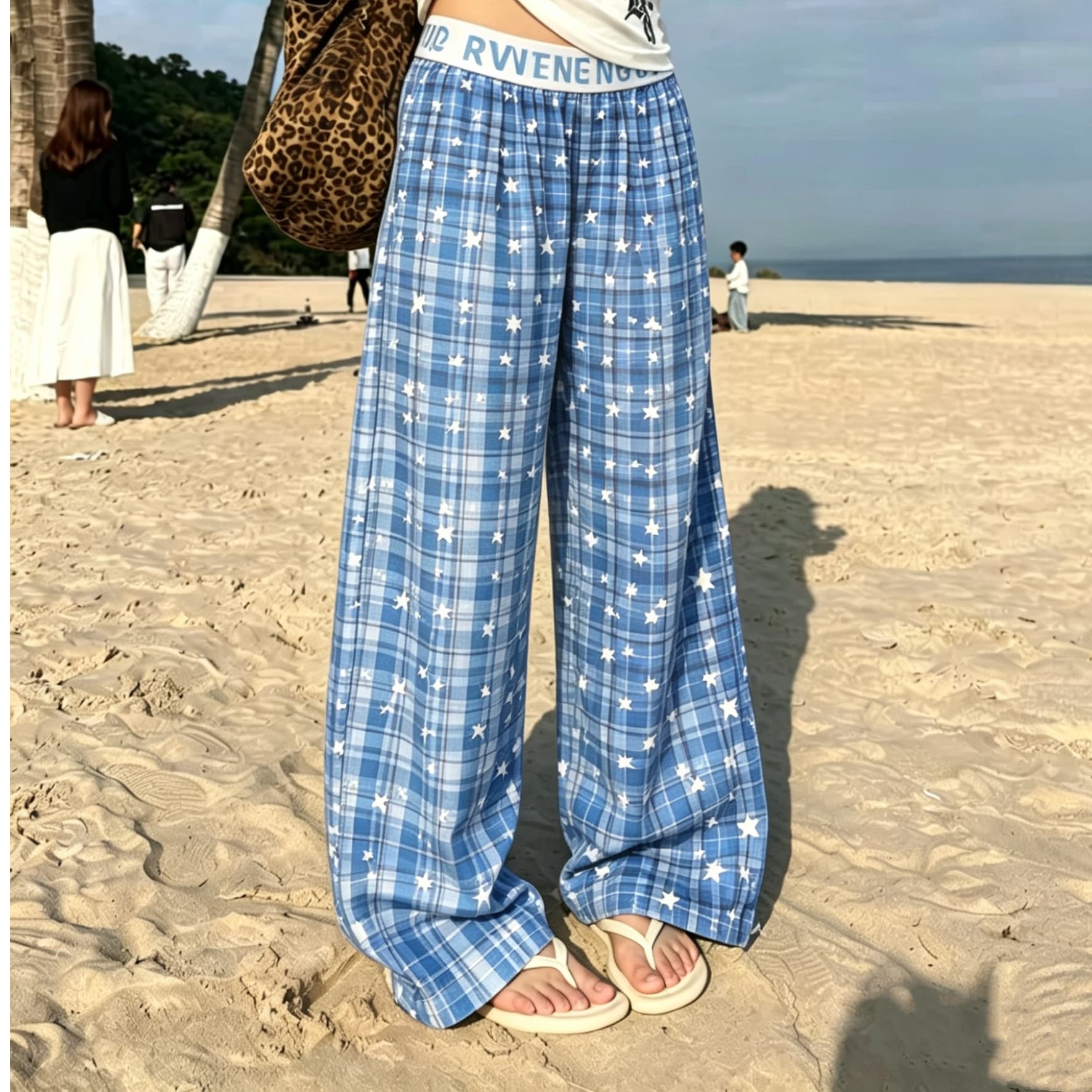 체크무늬 별 홈 캐주얼 와이드 레그 팬츠 2026 여름 미니멀리즘 체크무늬 바지 루즈핏 스트레이트 바닥 청소 바지 롱 바지 이미지 2