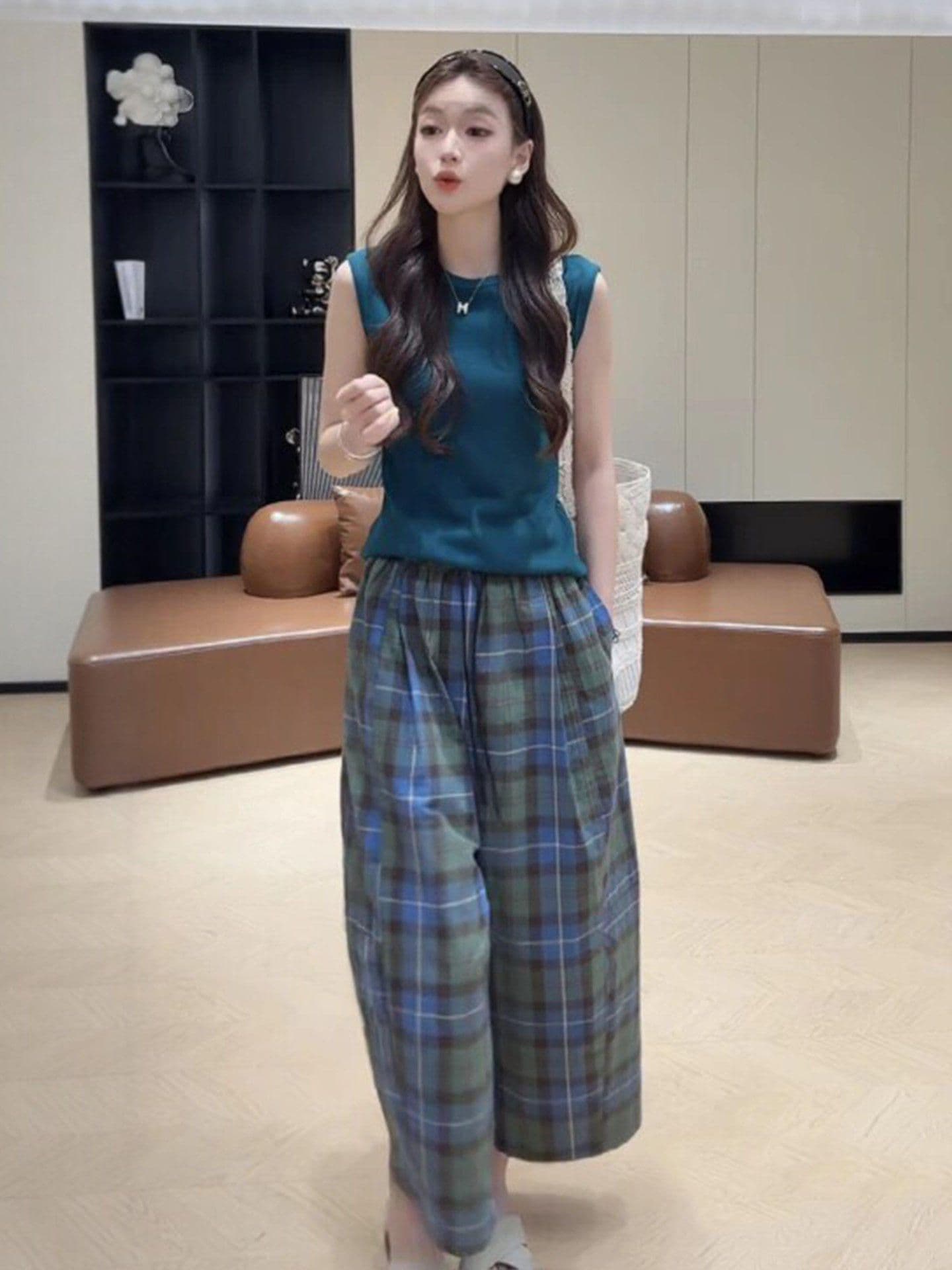 레트로 체크무늬 넓은 다리 9부 바지 여성 여름 얇은 스타일 2026 새로운 하이웨이스트 루즈핏 도루 가을 센스 모통이 칼 바지 아이들 이미지 3