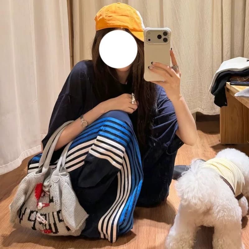 슈퍼 비밀 탑 실크 길다 레트로 느긋한 바람 배색 기타 리본 루즈핏 운동 캐주얼 바지 트렌디 이미지 3