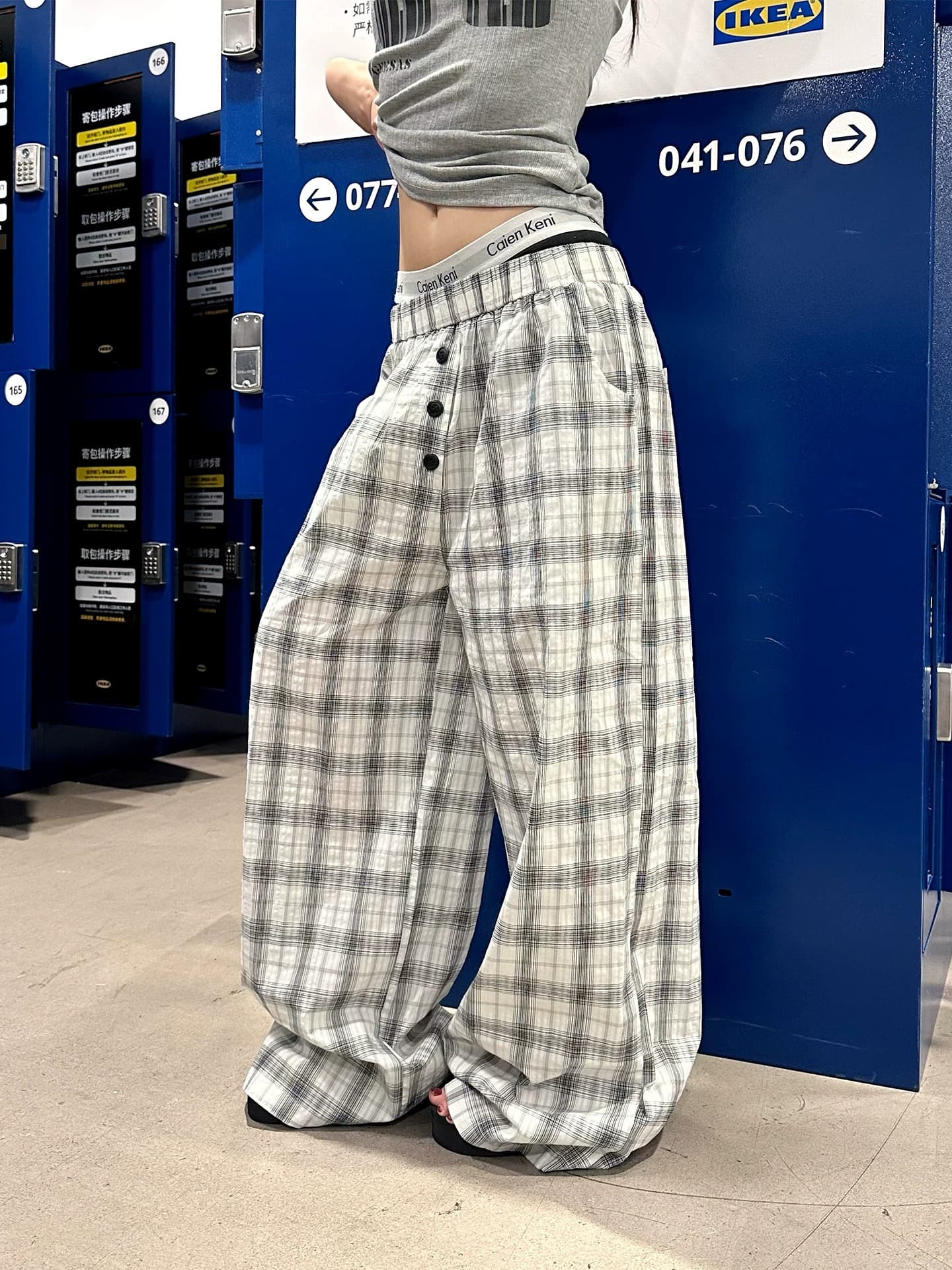 3 차원 허리 머리 바람 체크무늬 단추 넓은 다리 캐주얼 바지 여성 봄 여름 새로운 루즈핏 도루 센스 슬림해 보이는 캐주얼 긴 바지