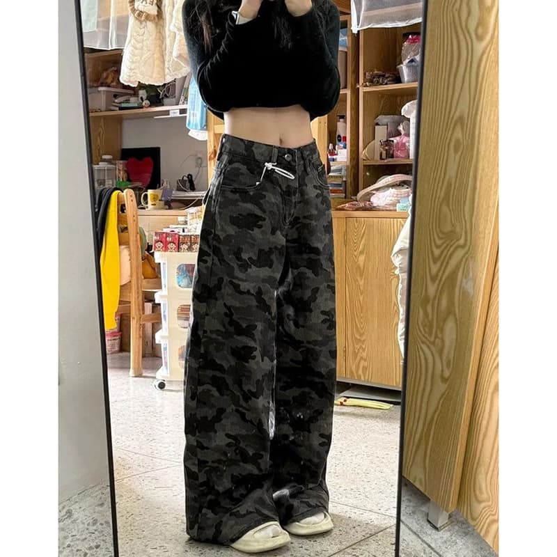 웃음 하 트렌드 카모플라주 워크웨어 넓은 다리 청바지 여성 봄 가을 새로운 도루 센스 개성 패션 바닥 청소 청바지 상세 이미지 2