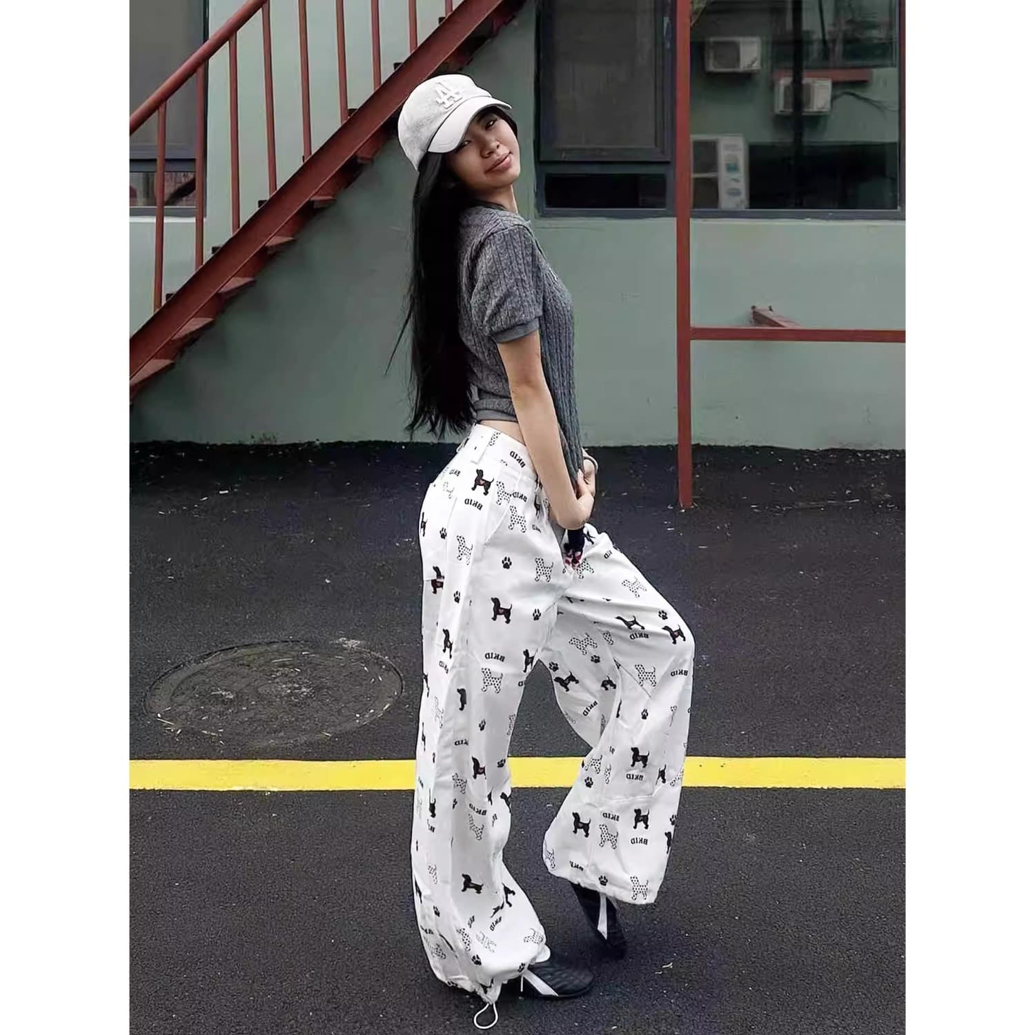 아메리칸 레트로 캐주얼 바지 여성 여름 새로운 강아지 프린트 루즈핏 스트레이트 와이드 레그 팬츠 도루 가을 센스 슬림해 보이는 긴 바지 이미지 2