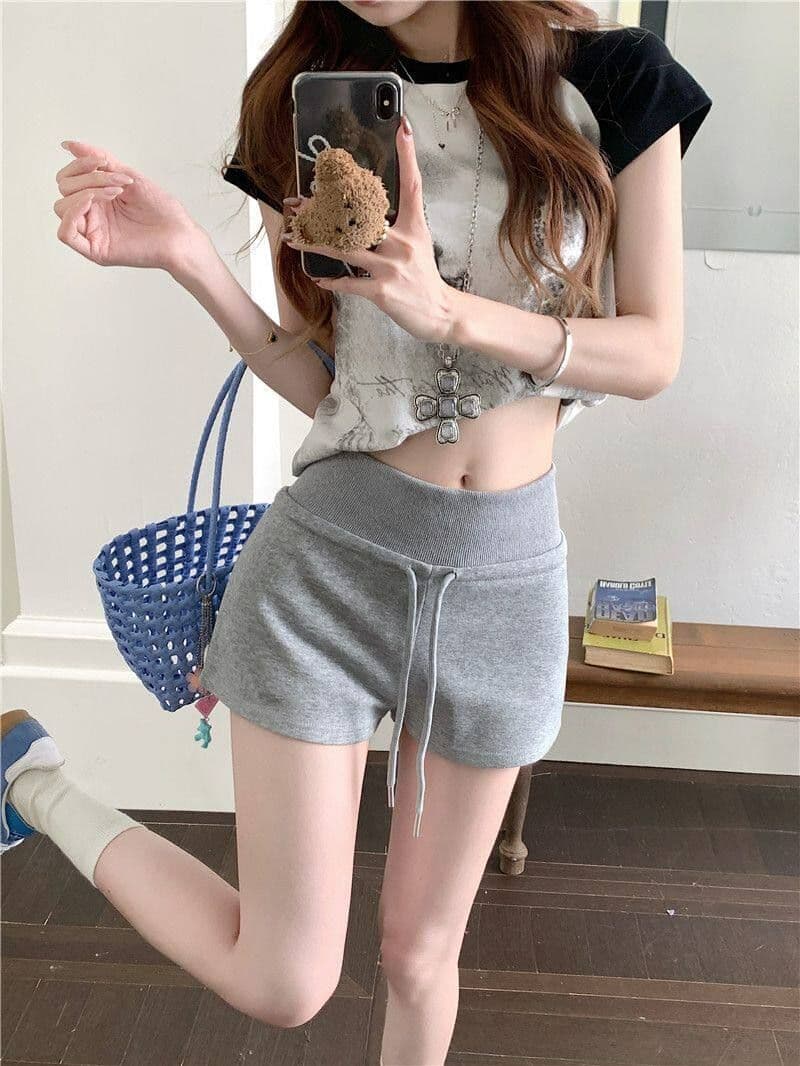 순수한 Mianhua 면 복합 우유 실크 운동 반바지 여성 여름 펌프 로프 하이웨이스트 아메리칸 캐주얼 바지 가정 핫 바지 상세 이미지 7