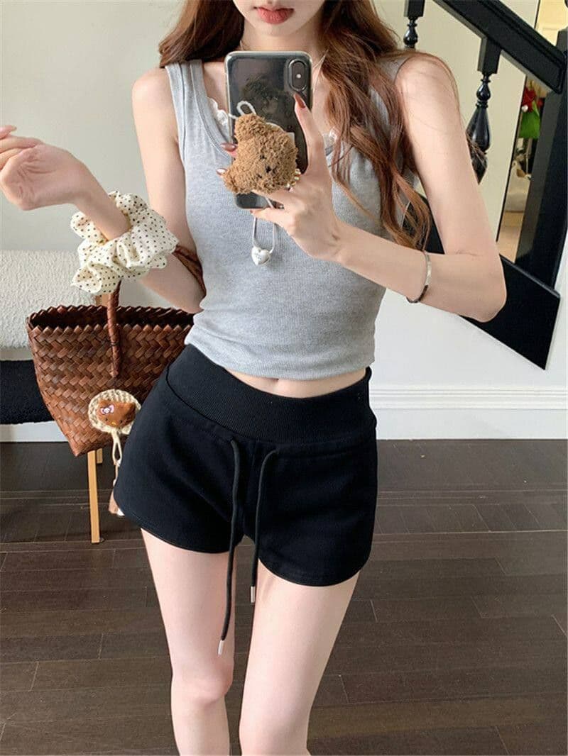 순수한 Mianhua 면 복합 우유 실크 운동 반바지 여성 여름 펌프 로프 하이웨이스트 아메리칸 캐주얼 바지 가정 핫 바지 상세 이미지 16