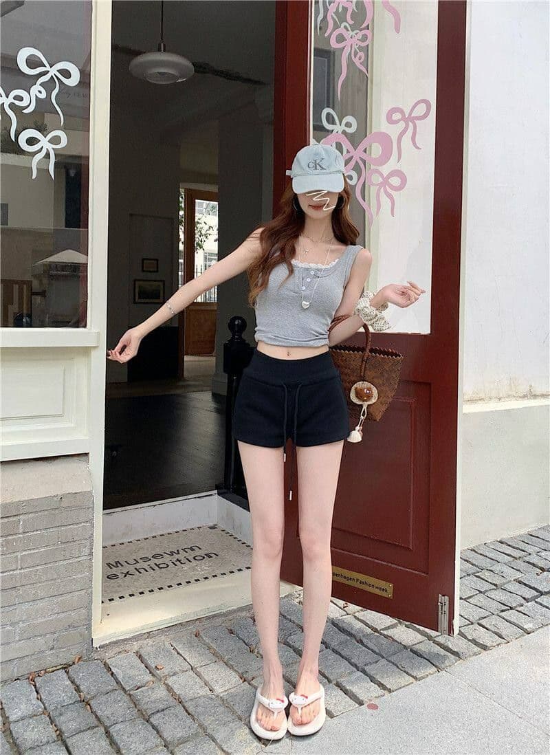 순수한 Mianhua 면 복합 우유 실크 운동 반바지 여성 여름 펌프 로프 하이웨이스트 아메리칸 캐주얼 바지 가정 핫 바지 상세 이미지 19