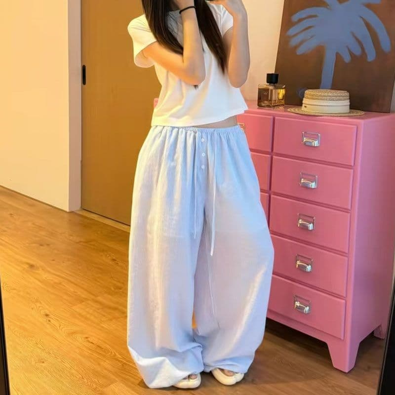 프로 피부 통기성 여름 레트로 느긋한 바람 단추 펌프 로프 스트라이프 넓은 다리 루즈핏 굴곡 얇은 스타일 캐주얼 바지 상세 이미지 12