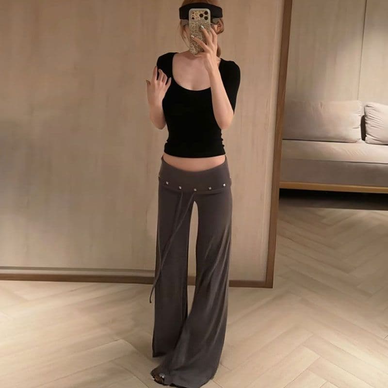 도루 센스 통기성 ins 여름 레트로 아메리칸 핫걸 징 뒤집다 측면 펌프 로프 슈퍼 로우 웨이스트 몸매 가꾸기 부츠컷 바지 이미지 3