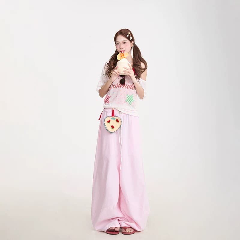 아메리칸 레트로 느긋한 바람 미니멀리즘 스트라이프 넓은 다리 펌프 로프 허리밴드 루즈핏 슬림해 보이는 운동 스트레이트 캐주얼 긴 바지 이미지 2