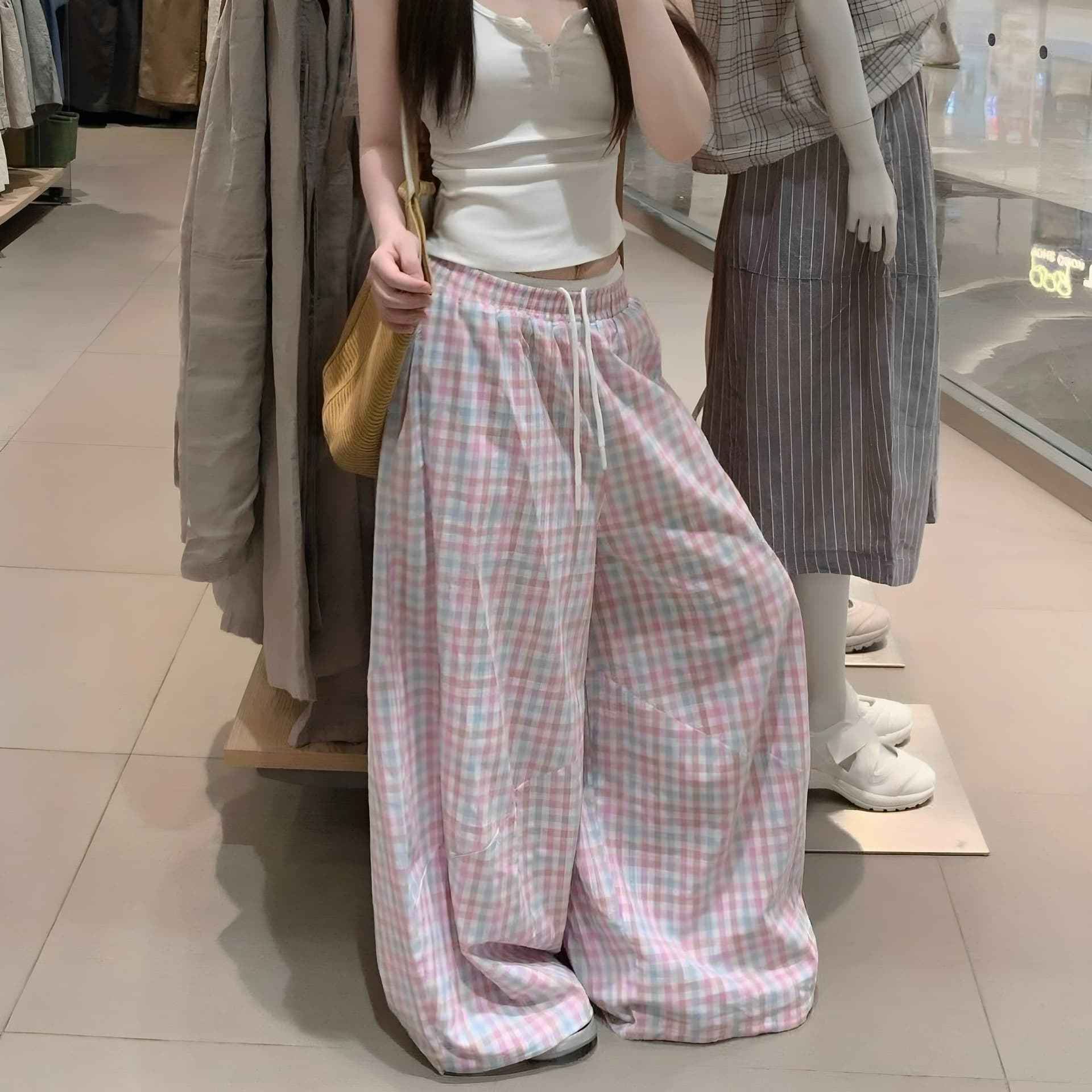 한 부서 배색 체크무늬 와이드 레깅스 바지 여름 통기성 도루 센스 슬림해 보이는 작은 키 캐주얼 가정 나가라. 루즈핏 긴 바지 이미지 5