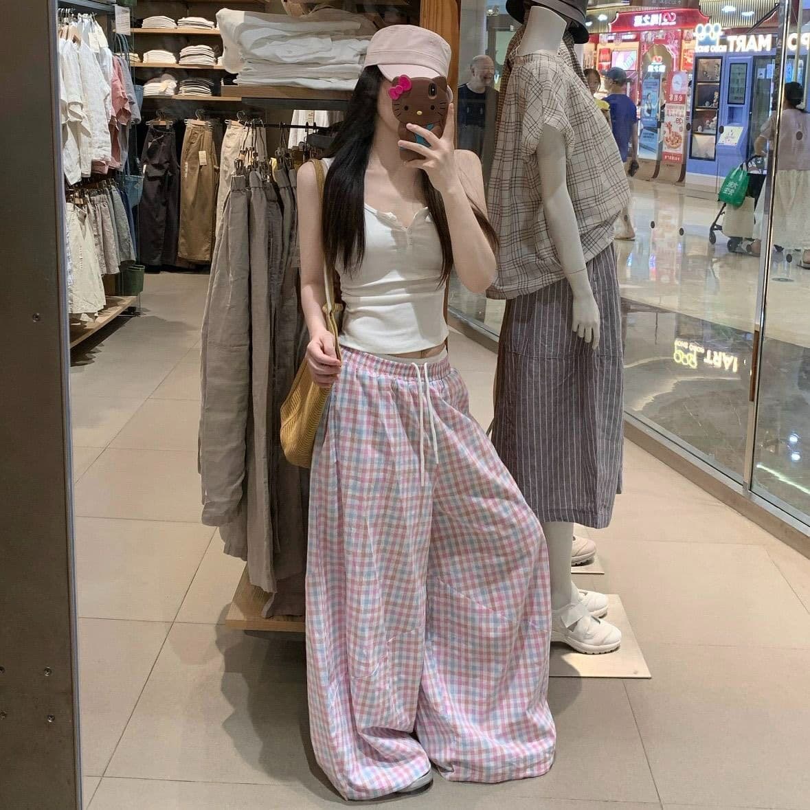 한 부서 배색 체크무늬 와이드 레깅스 바지 여름 통기성 도루 센스 슬림해 보이는 작은 키 캐주얼 가정 나가라. 루즈핏 긴 바지 상세 이미지 4