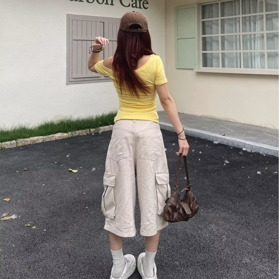 아메리칸 레트로 주름 기타 주머니 7부 바지 여성 여름 루즈핏 캐주얼 넓은 다리 워크웨어 팬츠 데님 반바지 트렌디 상세 이미지 5