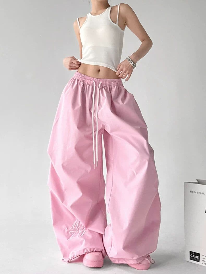 아메리칸 높음 거리 화이트 워크웨어 자수 바지 여성 루즈핏 슬림해 보이는 다용도 캐주얼 낙하산 병 바지 이미지 4