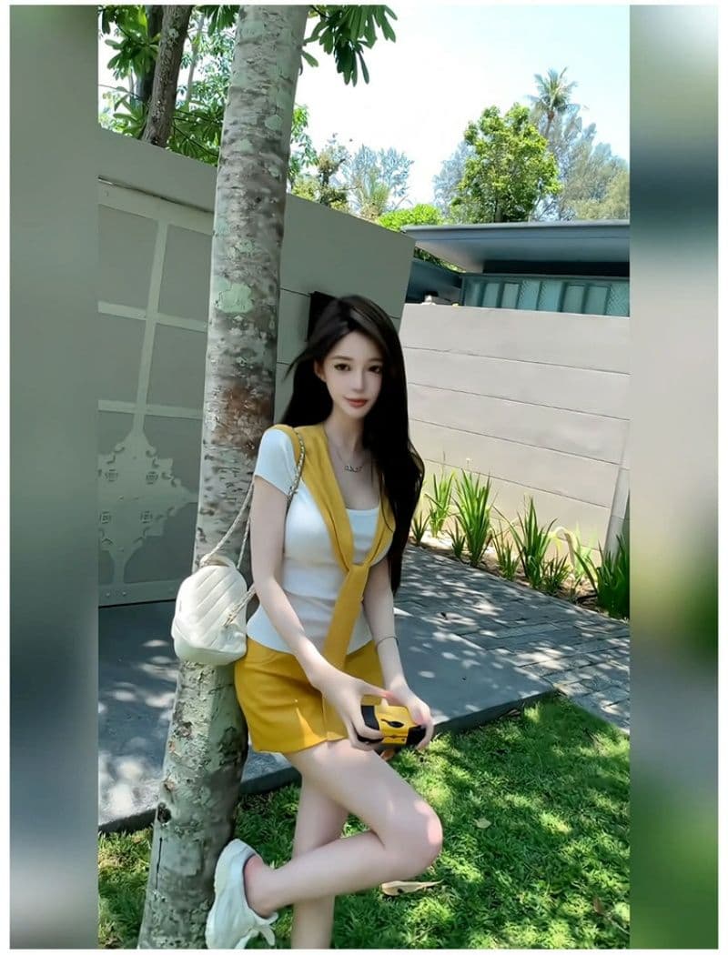 여름 새로운 순수한 욕망 바람 황색 숄 반팔 티셔츠 하이웨이스트 황색 타이트 스커트 미니 스커트 핫걸 세 조각 세트 이미지 3