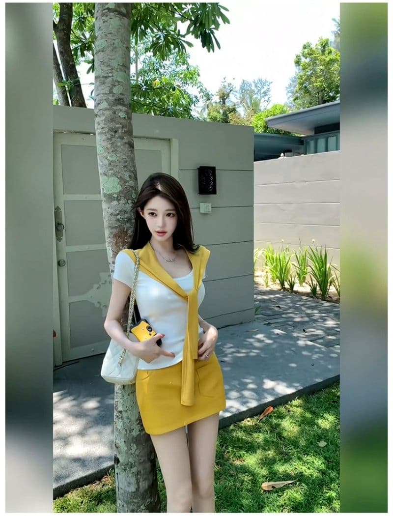 여름 새로운 순수한 욕망 바람 황색 숄 반팔 티셔츠 하이웨이스트 황색 타이트 스커트 미니 스커트 핫걸 세 조각 세트 상세 이미지 5