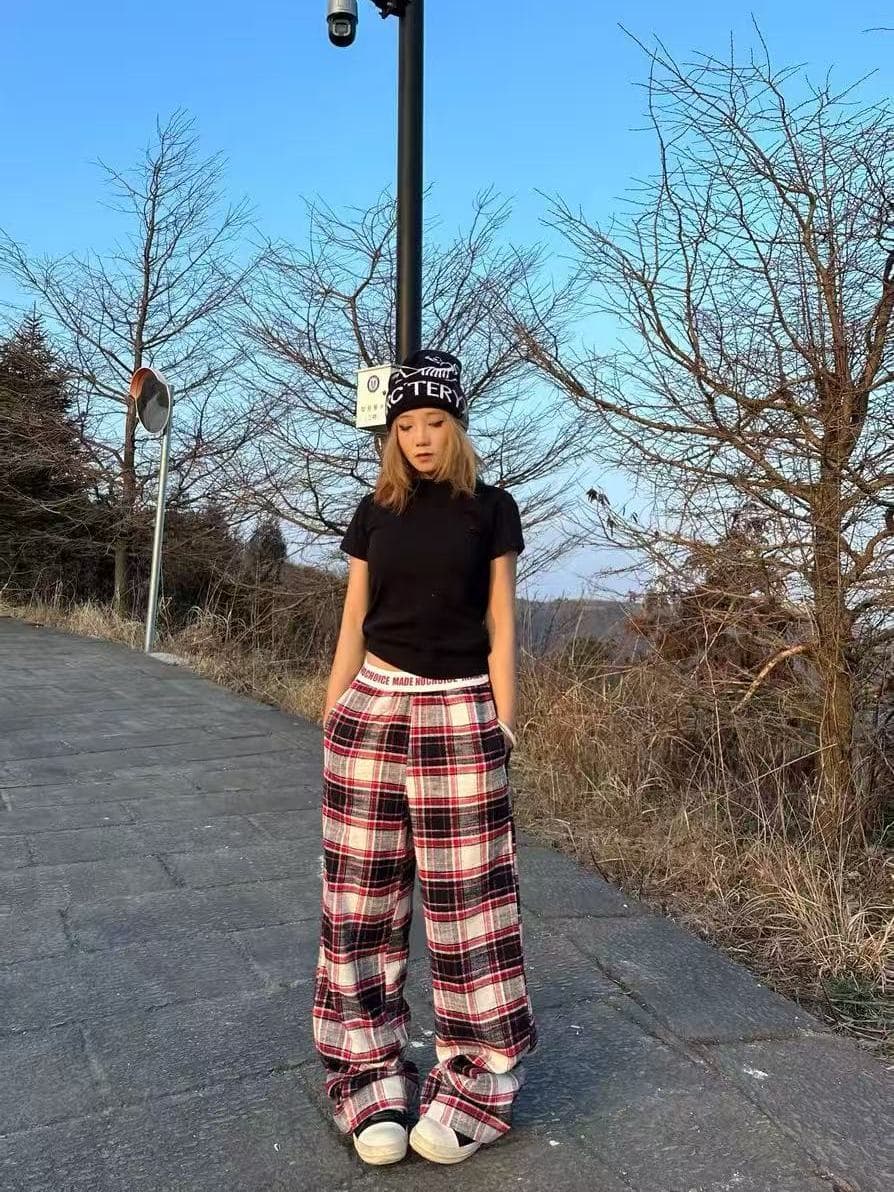 원본 체크무늬 인사이드 테두리 아메리칸 레트로 체크무늬 캐주얼 스트레이트 팬츠 여자 루즈핏 넓은 다리 바닥 청소 체크무늬 바지 상세 이미지 1