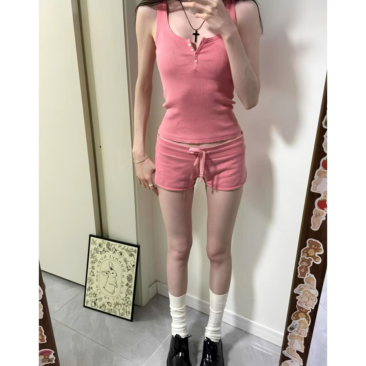 광저우 원단 원본 원단 콩 페이스트 색상 펌프 로프 작은 키 웨이 바지 여름 몸매 가꾸기 슬림해 보이는 짧은 바지 트렌디 이미지 4