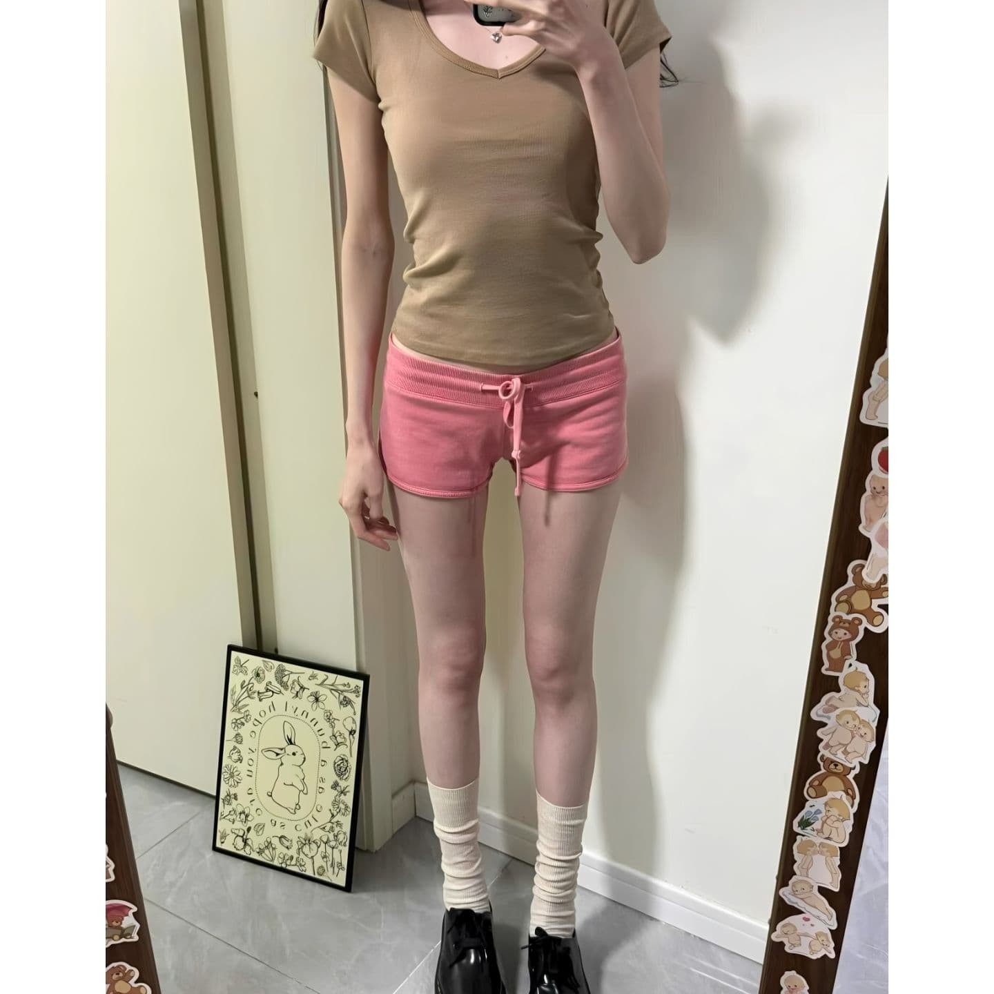 광저우 원단 원본 원단 콩 페이스트 색상 펌프 로프 작은 키 웨이 바지 여름 몸매 가꾸기 슬림해 보이는 짧은 바지 트렌디 이미지 3