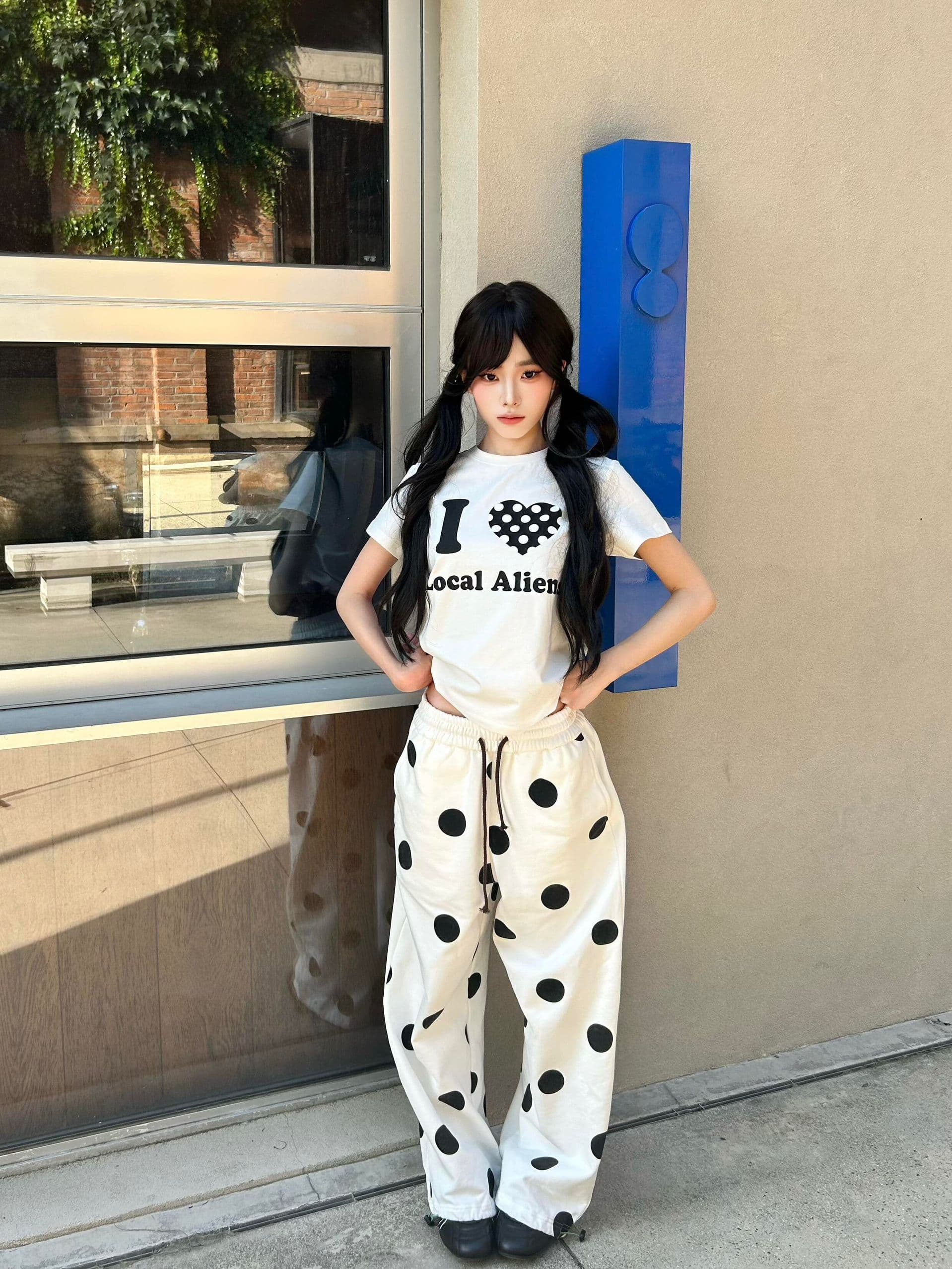 거리 화이트 도트 무늬 넓은 다리 조거 웨이 바지 봄 여름 루즈핏 캐주얼 긴 바지 상세 이미지 5