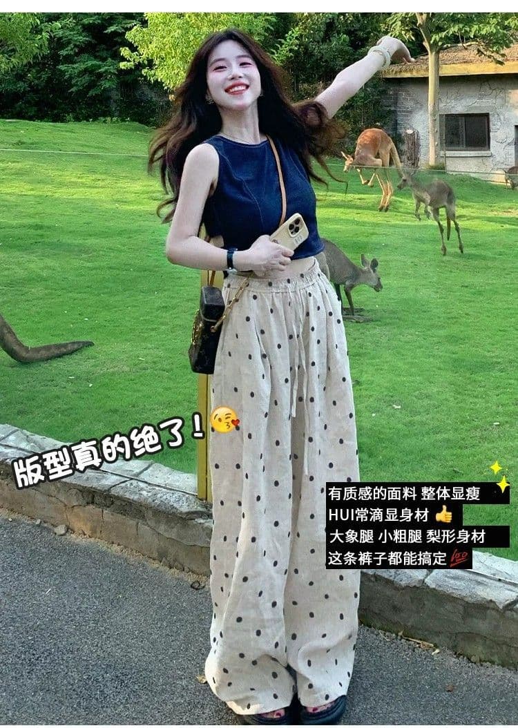 한 부서 도트 무늬 와이드 레깅스 바지 2026 여름 얇은 스타일 하이웨이스트 루즈핏 슬림해 보이는 작은 키 스트레이트 와이드 레그 팬츠 상세 이미지 3