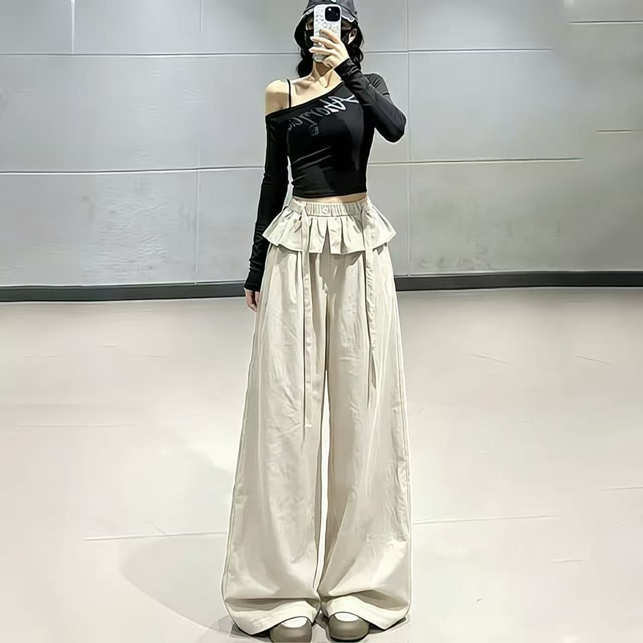 원본 것 한국 스타일 여름 느긋한 바람 디자인 센스 페이크 레이어드 방귀 커튼 레이스업 하이웨이스트 넓은 다리 여성용 바지 이미지 2