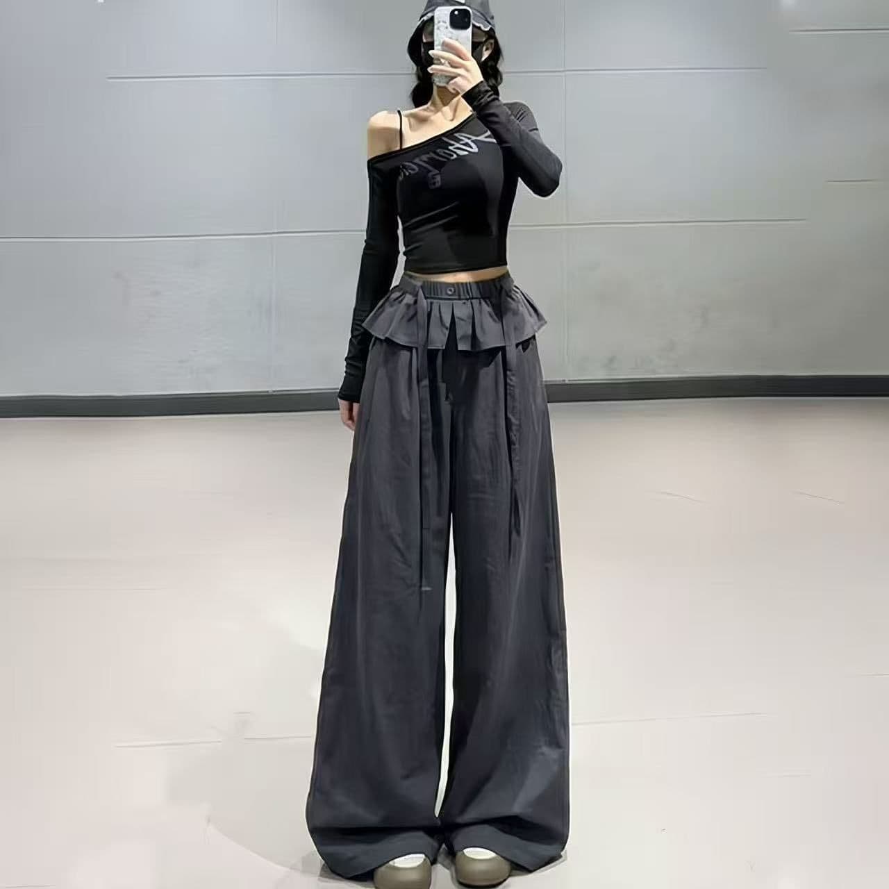 원본 것 한국 스타일 여름 느긋한 바람 디자인 센스 페이크 레이어드 방귀 커튼 레이스업 하이웨이스트 넓은 다리 여성용 바지 상세 이미지 2