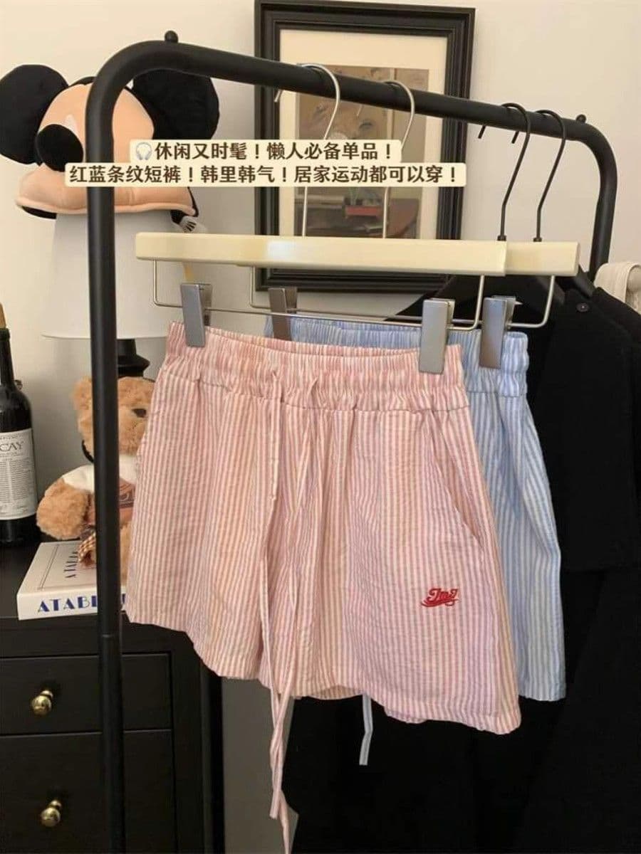 원본 스트라이프 원단 홍콩 느낌 세로 줄무늬 펌프 로프 알파벳 자수 와이드 레그 팬츠 루즈핏 얇은 스타일 다용도 캐주얼 바지