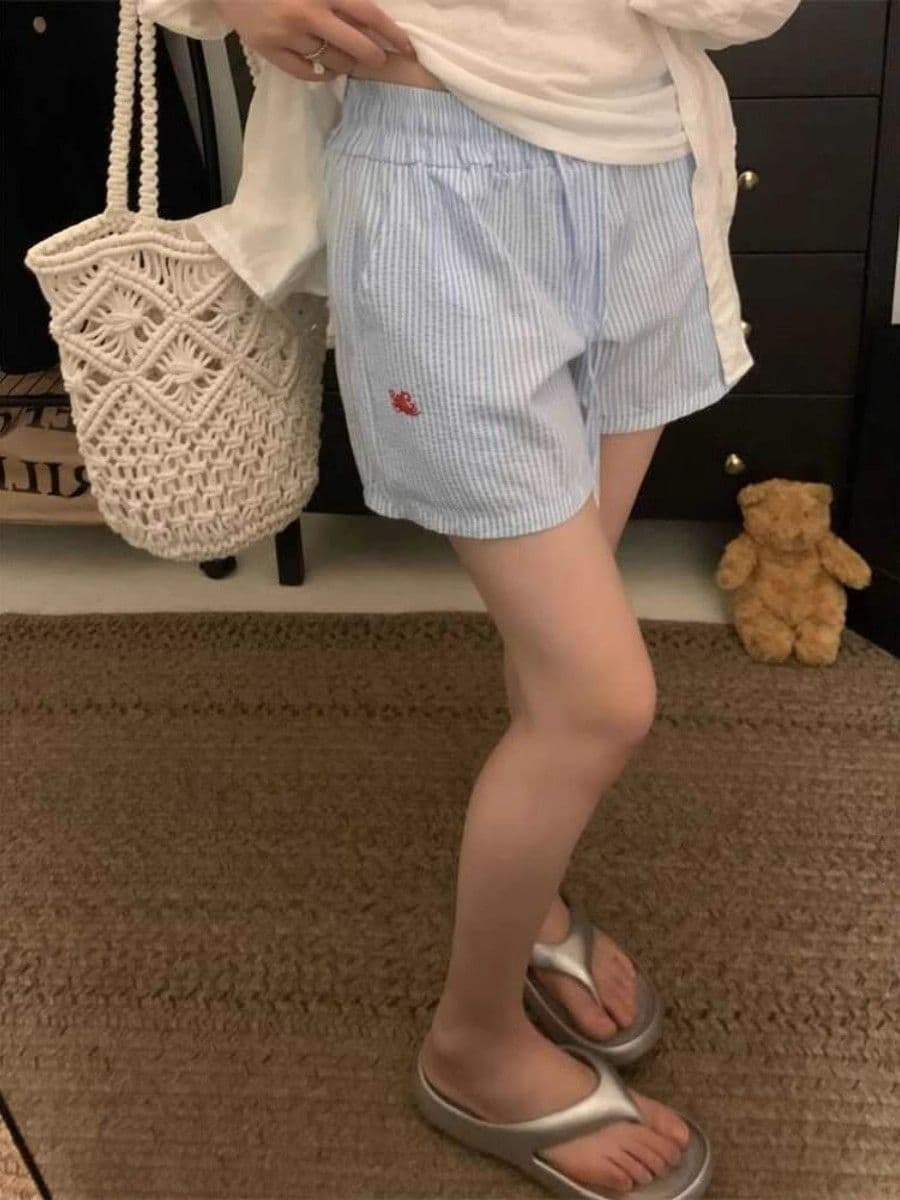 원본 스트라이프 원단 홍콩 느낌 세로 줄무늬 펌프 로프 알파벳 자수 와이드 레그 팬츠 루즈핏 얇은 스타일 다용도 캐주얼 바지 이미지 2