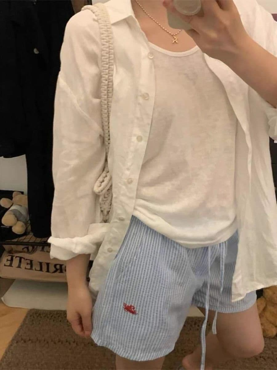 원본 스트라이프 원단 홍콩 느낌 세로 줄무늬 펌프 로프 알파벳 자수 와이드 레그 팬츠 루즈핏 얇은 스타일 다용도 캐주얼 바지 이미지 3