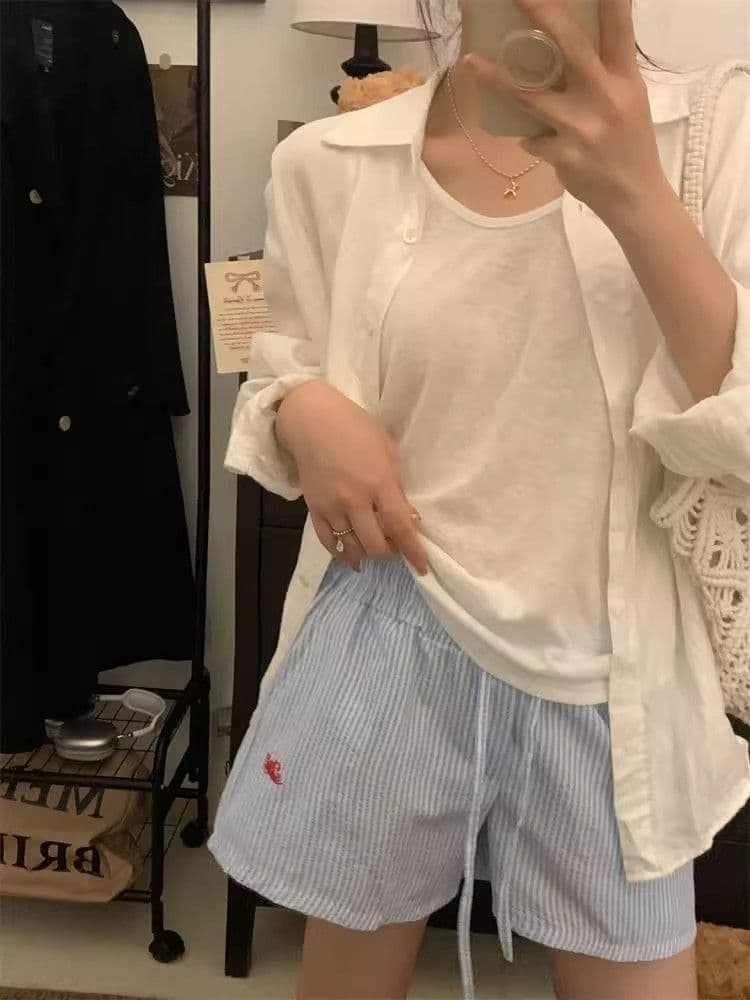 원본 스트라이프 원단 홍콩 느낌 세로 줄무늬 펌프 로프 알파벳 자수 와이드 레그 팬츠 루즈핏 얇은 스타일 다용도 캐주얼 바지 상세 이미지 5