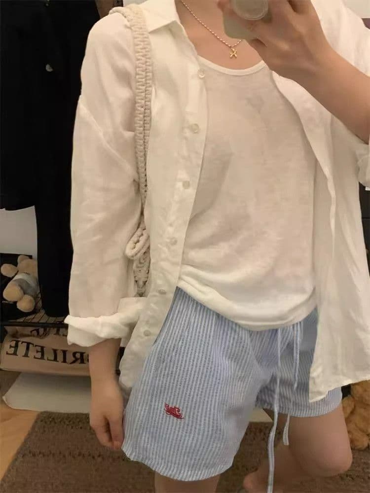 원본 스트라이프 원단 홍콩 느낌 세로 줄무늬 펌프 로프 알파벳 자수 와이드 레그 팬츠 루즈핏 얇은 스타일 다용도 캐주얼 바지 상세 이미지 9