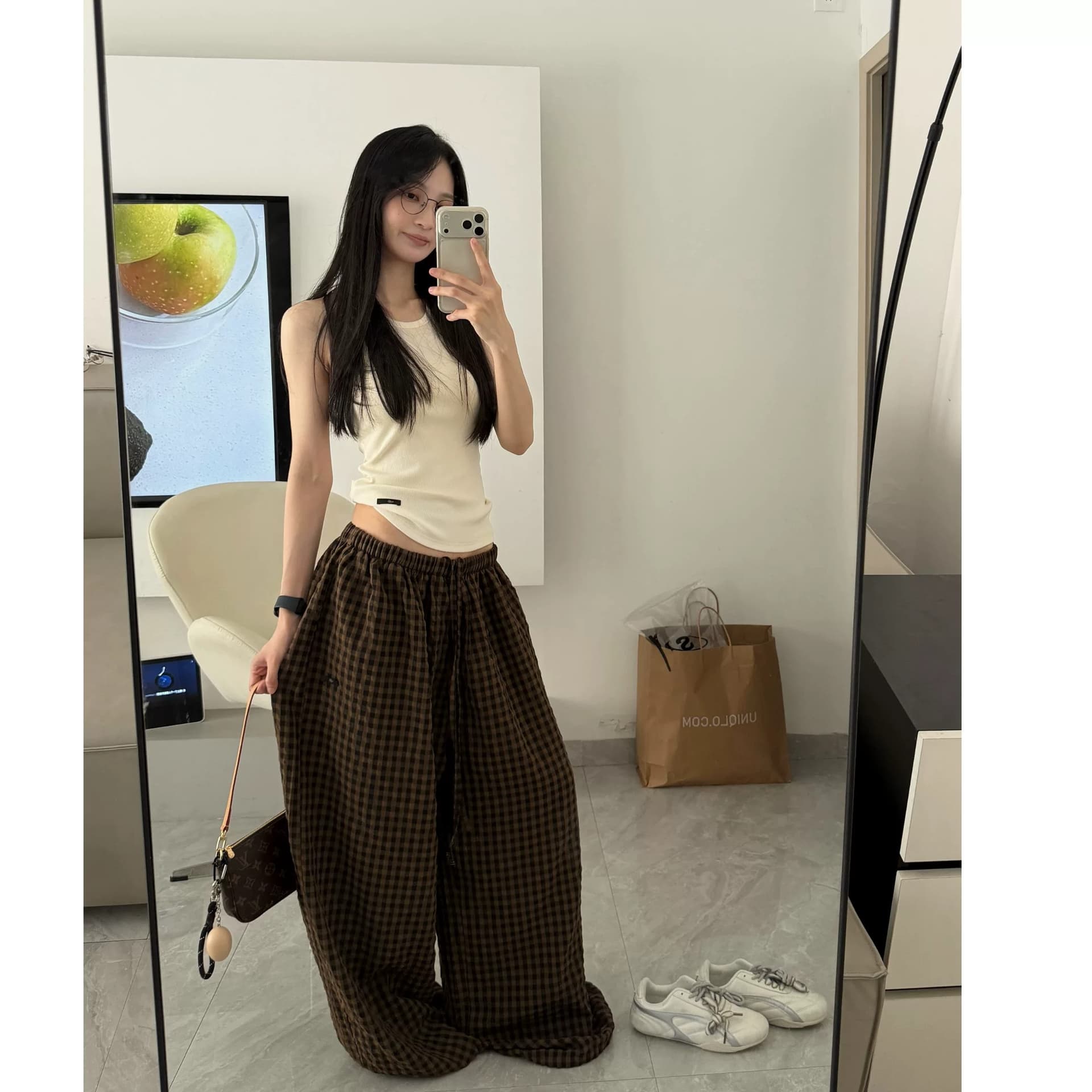 긴 바지 원본 체크 직물 복합 여름 와이드 레그 팬츠 루즈핏 홈 체크무늬 캐주얼 긴 바지 굴곡 바지 여성 이미지 2