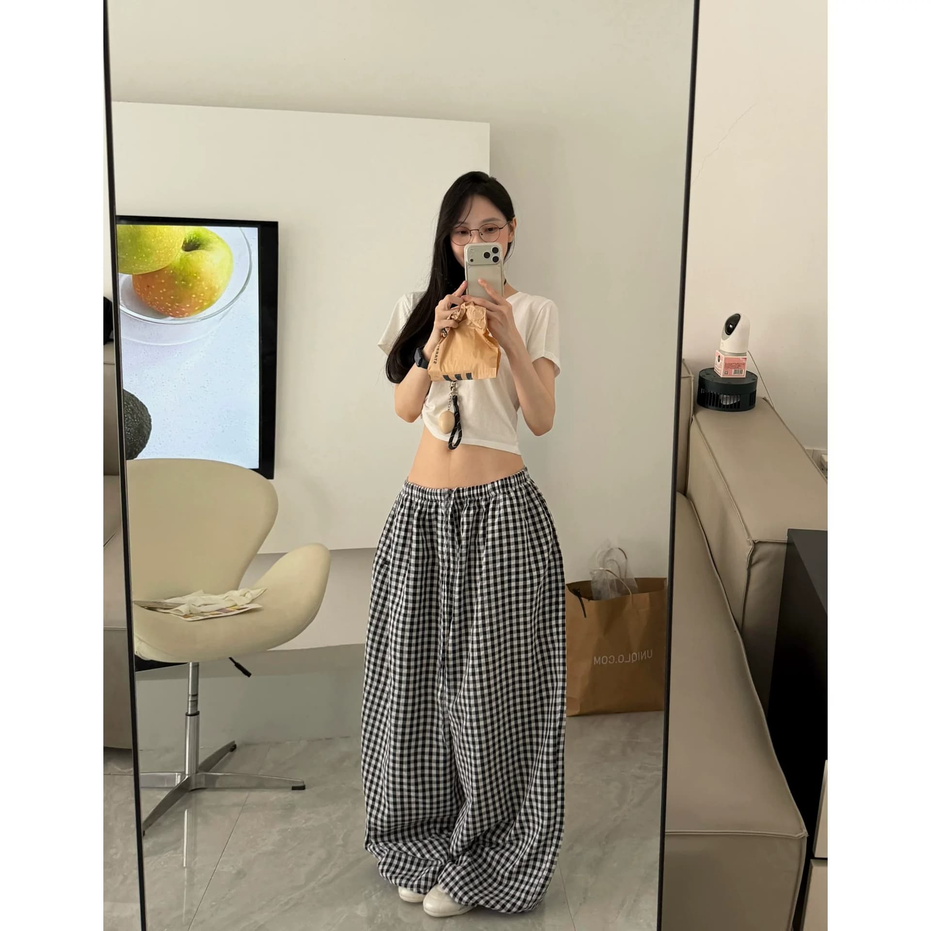 긴 바지 원본 체크 직물 복합 여름 와이드 레그 팬츠 루즈핏 홈 체크무늬 캐주얼 긴 바지 굴곡 바지 여성 이미지 5