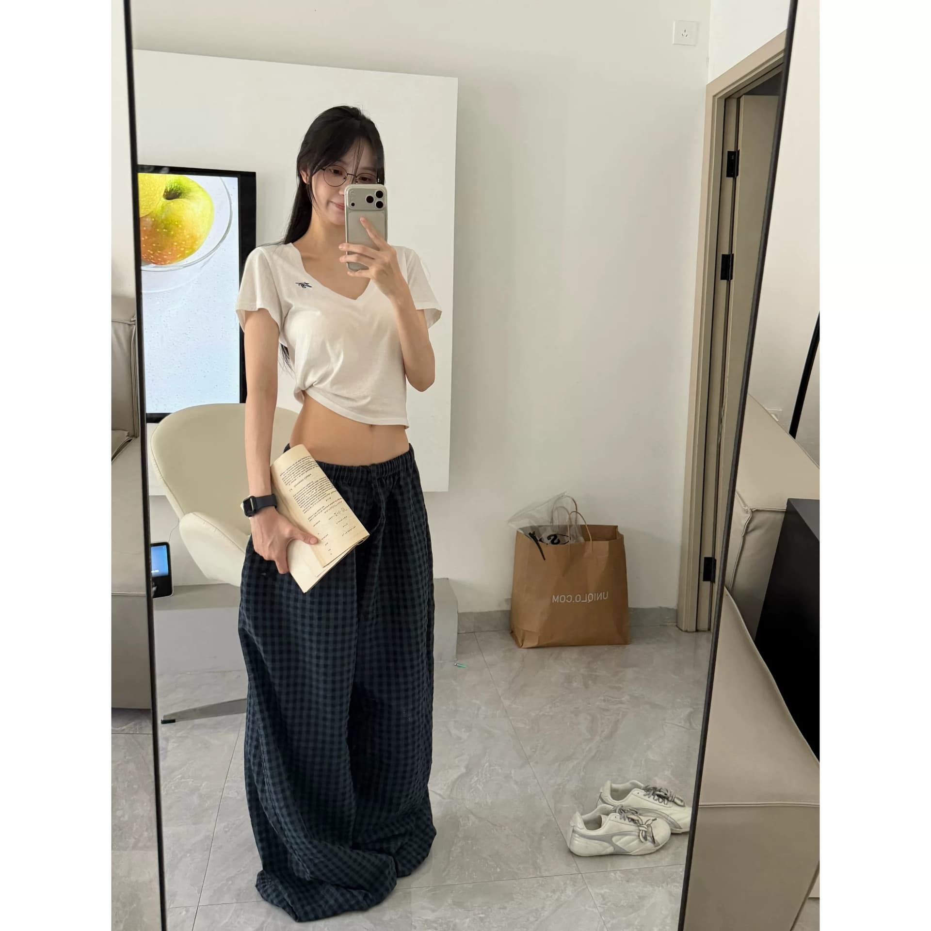 긴 바지 원본 체크 직물 복합 여름 와이드 레그 팬츠 루즈핏 홈 체크무늬 캐주얼 긴 바지 굴곡 바지 여성 상세 이미지 2