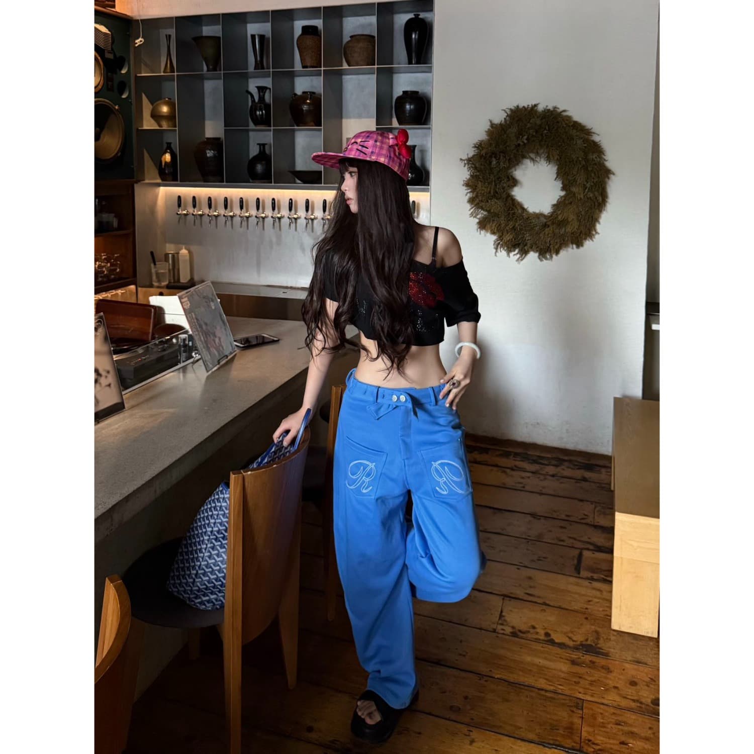 아메리칸 레트로 파리 버클 디자인 자수 식물 플러시 프린트 모통이 칼 와이드 레깅스 바지 ins 느긋한 웨이 바지 이미지 3