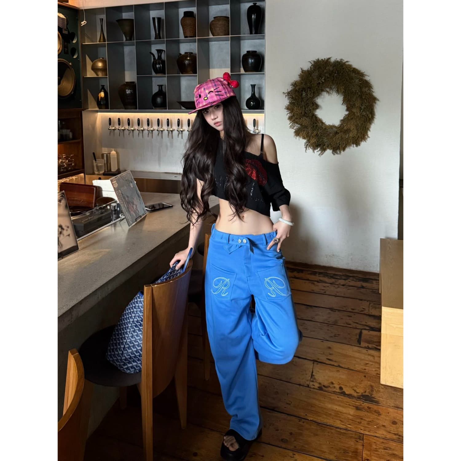 아메리칸 레트로 파리 버클 디자인 자수 식물 플러시 프린트 모통이 칼 와이드 레깅스 바지 ins 느긋한 웨이 바지 상세 이미지 3