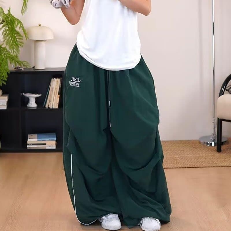 속도 건조한 방수 여름 레트로 아메리칸 웨이 바지 느긋한 바람 넓은 다리 펌프 Pleat 낙하산 병 춤추기 캐주얼 바지 펌프 로프 상세 이미지 4