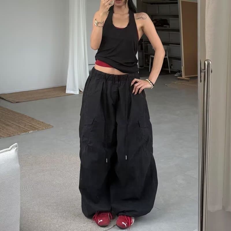 레트로 아메리칸 속도 건조한 인터넷 유명인 느긋한 윈디 주머니 넓은 다리 웨이 바지 재즈 춤추기 낙하산 병 캐주얼 바지 이미지 4