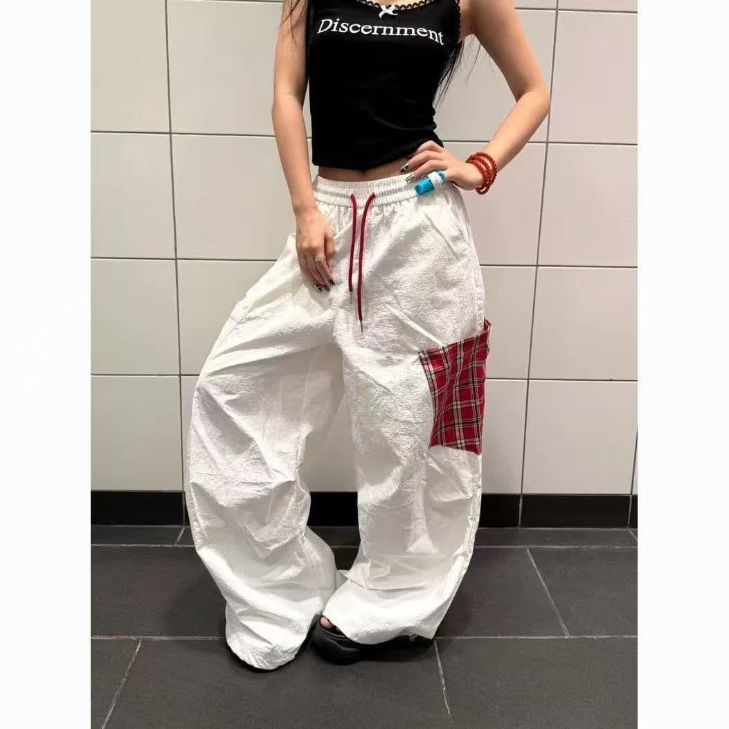 불모지 바람 아메리칸 체크무늬 주머니 패치워크 워크웨어 팬츠 패션 여름 새로운 루즈핏 디자인 센스 넓은 다리 캐주얼 바지 이미지 5