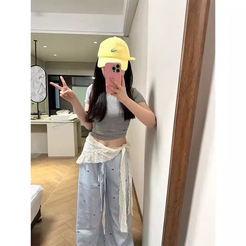 확장 버전 키 큰 남자 나비 매듭 프린트 스트라이프 와이드 레깅스 바지 여름 느긋한 펌프 로프 캐주얼 바닥 청소 바지 이미지 3