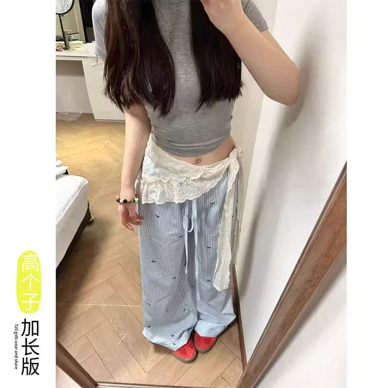 확장 버전 키 큰 남자 나비 매듭 프린트 스트라이프 와이드 레깅스 바지 여름 느긋한 펌프 로프 캐주얼 바닥 청소 바지 이미지 2