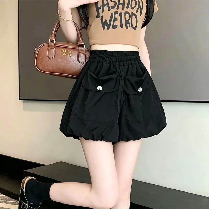 검정색 반바지 여성 여름 루즈핏 캐주얼 작은 키 꽃밭 바지 하이웨이스트 슬림해 보이는 퍼프 호박 바지 외출용 트렌디