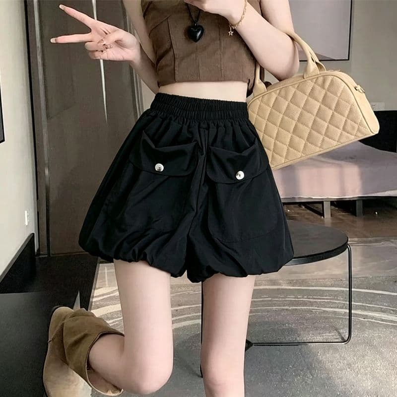 검정색 반바지 여성 여름 루즈핏 캐주얼 작은 키 꽃밭 바지 하이웨이스트 슬림해 보이는 퍼프 호박 바지 외출용 트렌디 상세 이미지 3