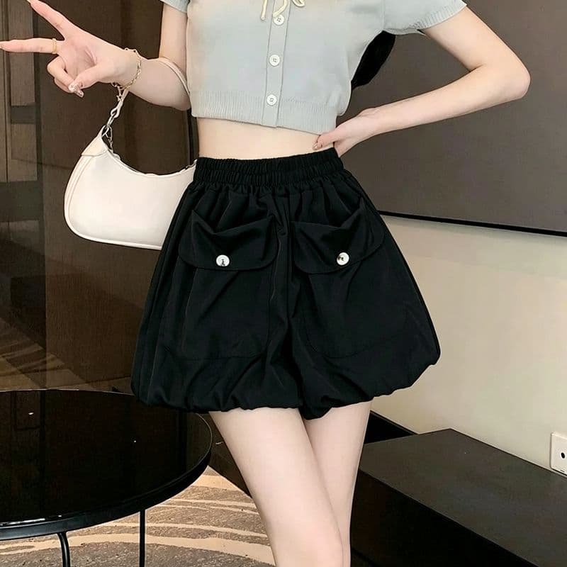 검정색 반바지 여성 여름 루즈핏 캐주얼 작은 키 꽃밭 바지 하이웨이스트 슬림해 보이는 퍼프 호박 바지 외출용 트렌디 상세 이미지 5