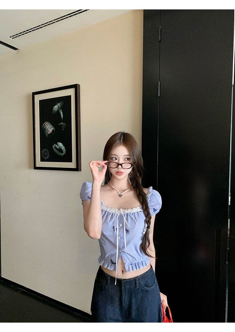 원본 솜씨 스트라이프 작은 말 프린트 허리밴드 레이스 반팔 펌프 로프 맨위 와이드 레그 팬츠 두 조각 여성 세트 여름 상세 이미지 3
