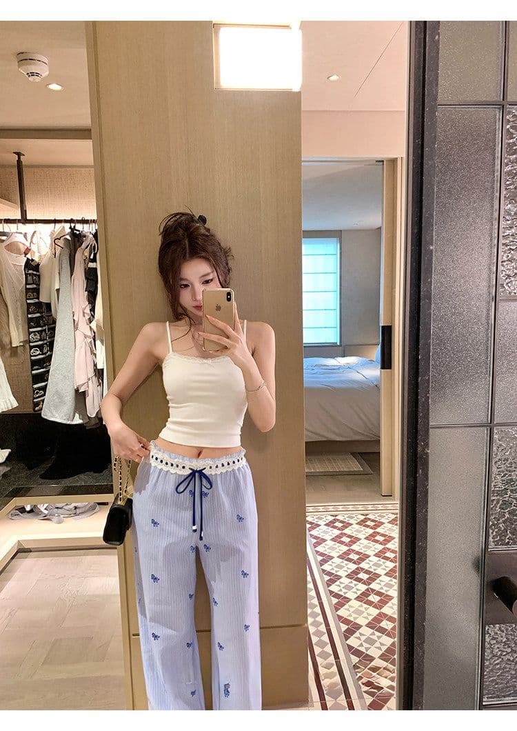 원본 솜씨 스트라이프 작은 말 프린트 허리밴드 레이스 반팔 펌프 로프 맨위 와이드 레그 팬츠 두 조각 여성 세트 여름 상세 이미지 6