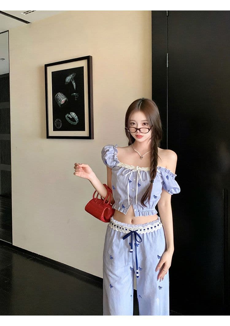 원본 솜씨 스트라이프 작은 말 프린트 허리밴드 레이스 반팔 펌프 로프 맨위 와이드 레그 팬츠 두 조각 여성 세트 여름 상세 이미지 10