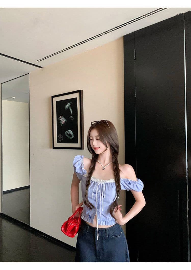 원본 솜씨 스트라이프 작은 말 프린트 허리밴드 레이스 반팔 펌프 로프 맨위 와이드 레그 팬츠 두 조각 여성 세트 여름 상세 이미지 11